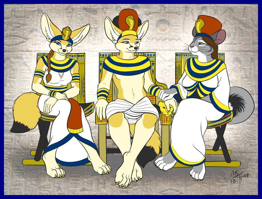 anthro blue_border border breasts canid canine cap_crown chair chinchilla chinchillid circlet cleavage clothed clothing conditional_dnp costume crown digital_media_(artwork) dress egyptian egyptian_clothing egyptian_headdress female fennec_fox fox furniture group headdress headgear headwear jewelry kalasiris king male mammal moodyferret necklace pharaoh queen rodent royalty seshed_circlet shendyt sitting tail throne true_fox uraeus usekh