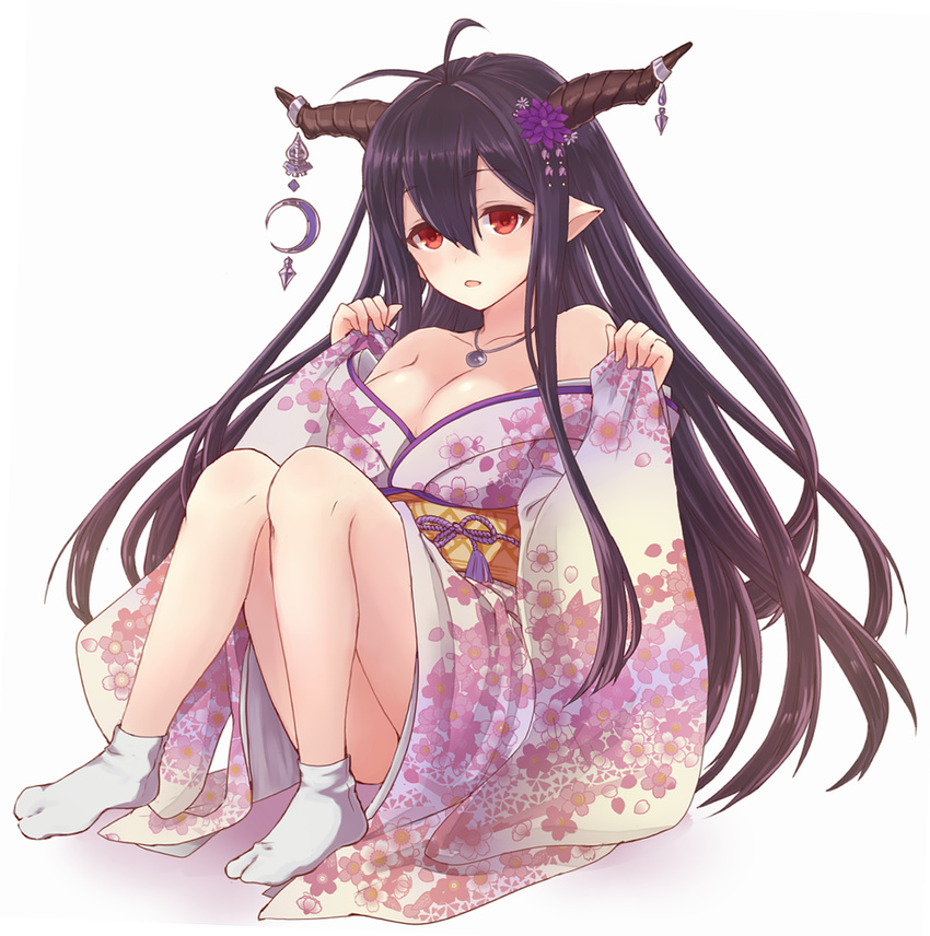 antenna_hair breasts cleavage commentary_request danua draph female floral_print granblue_fantasy hair_between_eyes highres horn_ornament horns isao_(wasamoti) large_breasts long_hair looking_at_viewer md5_mismatch open_mouth partial_commentary pointy_ears purple_hair red_eyes resolution_mismatch revision sitting sleeves_past_wrists solo source_smaller thighs wide_sleeves