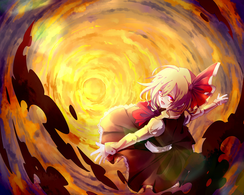 blonde_hair commentary darkness female frilled_skirt frills hair_ribbon highres looking_at_viewer looking_back naozi outstretched_arms ribbon rumia shirt short_hair skirt spread_arms touhou twilight vest