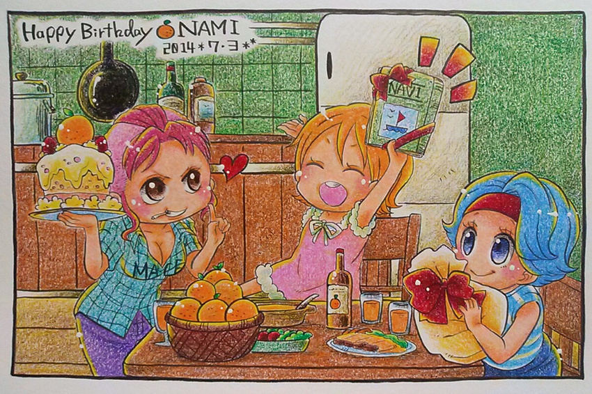 3girls belle-mère birthday book box cake chibi clothes_writing daughter family food fruit gift gift_box kitchen mohawk mother mother_and_daughter multiple_girls nami nami_(one_piece) nojiko one_piece onexone orange orange_hair pink_hair ponytail present siblings sisters table