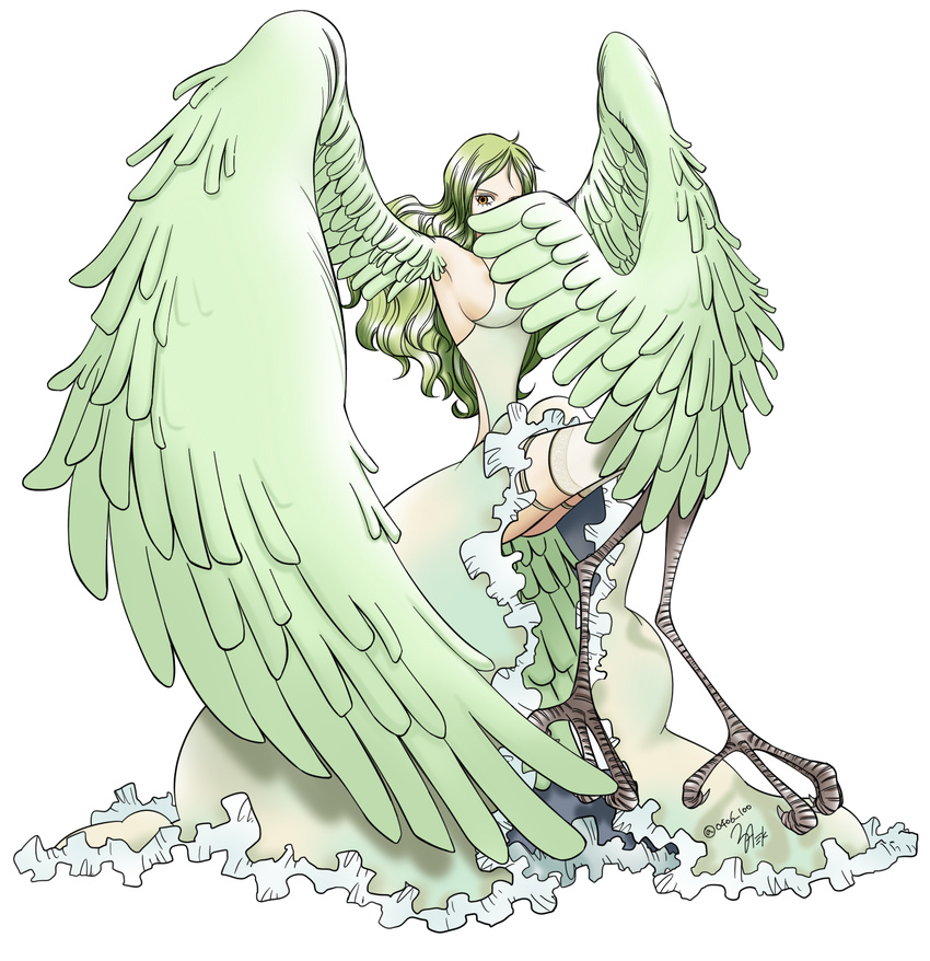 alternate_costume bad_id bad_pixiv_id breasts covering_face digitigrade domi dress feathered_wings feathers female frilled_dress frills green_hair harpy highres large_breasts long_hair monet_(one_piece) monster_girl one_piece sideboob signature solo thigh_strap thighhighs wavy_hair winged_arms wings yellow_eyes