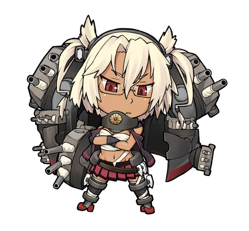 :< bang-you belt blonde_hair budget_sarashi chibi commentary_request crossed_arms dark-skinned_female dark_skin female glasses gorget groin kantai_collection midriff miniskirt musashi_(kancolle) navel red_eyes rudder_footwear sarashi short_hair skirt solo turret