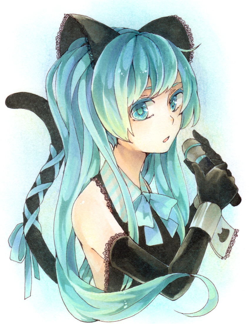 aqua_eyes aqua_hair cat_tail commentary_request elbow_gloves female gloves hatsune_miku highres long_hair marker_(medium) microphone pastel_(medium) rakend risky_game_(vocaloid) solo tail traditional_media vocaloid