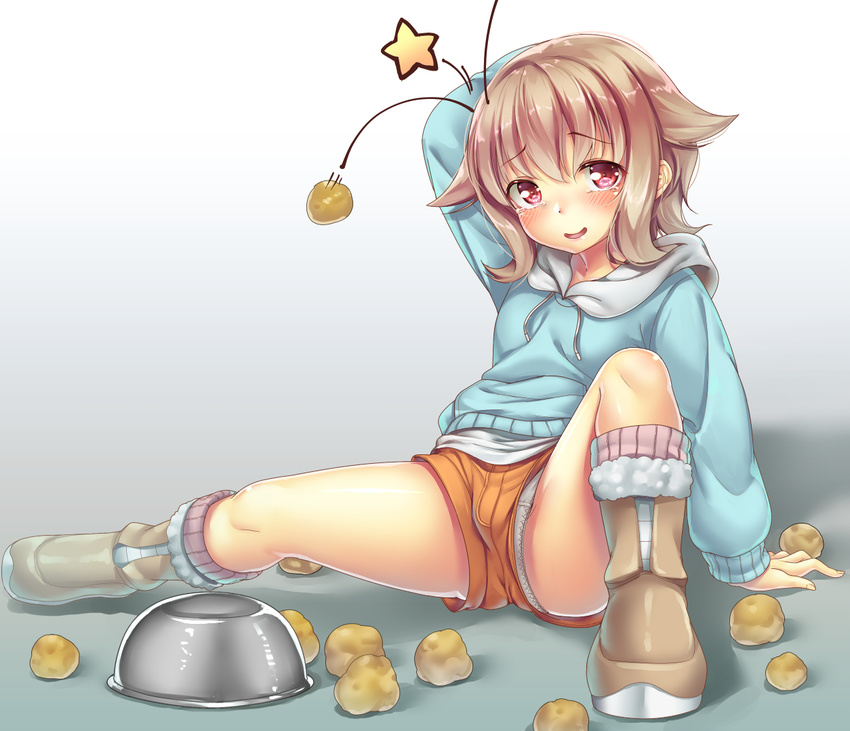 atra_mixta blonde_hair blue_panties blush boots bowl commentary_request crotch_seam ecou female gundam gundam_tekketsu_no_orphans hood hoodie lace lace-trimmed_panties lace_trim light_brown_hair long_sleeves looking_at_viewer no_legwear panties panty_peek pantyshot pointy_hair red_eyes revision short_shorts shorts sitting smile solo spilling spread_legs star_(symbol) tears underwear upshorts white_panties