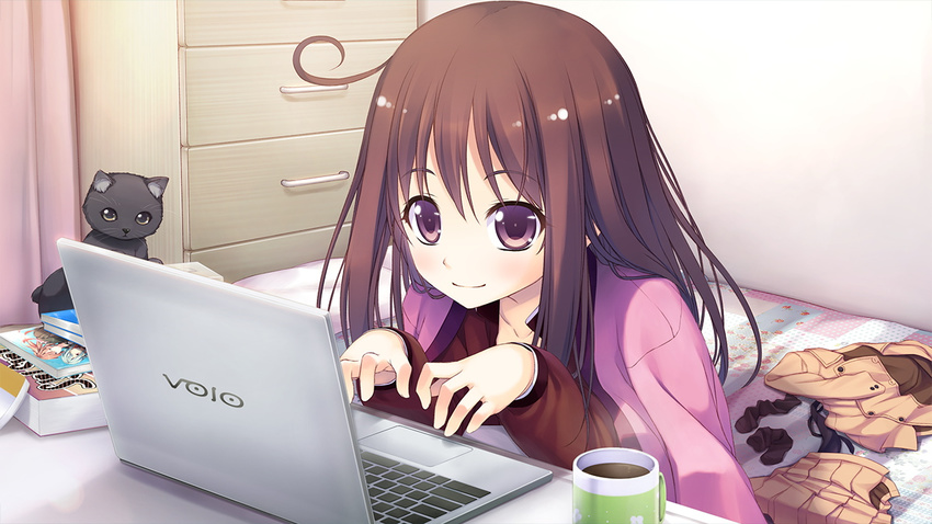 bed book brown_hair computer cup female female game_cg happy highres jacket kazami_haruki long_hair purple_eyes satsukoi_yuukyuu_naru_koi_no_uta school_uniform sitting skirt smile solo typing