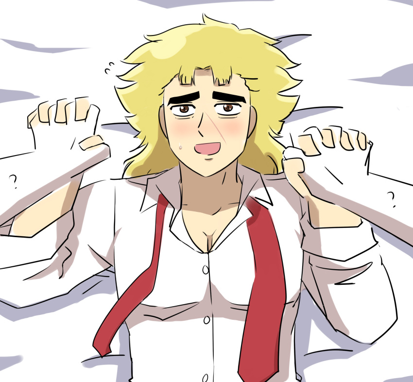 bed_sheet blonde_hair blush brown_eyes gay holding_hands imminent_sex jojo's_bizarre_adventure kyouka_(artist) open_mouth phantom_blood robert_edward_o_speedwagon scar sweat sweatdrop thick_eyebrows tie unbuttoned