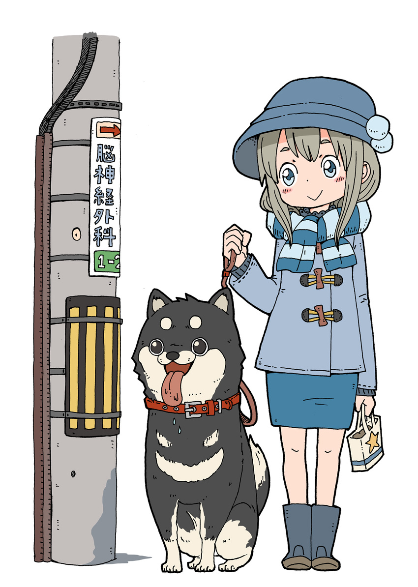 :> :d animal animal_collar arrow_(symbol) bag black_eyes black_footwear blue_coat blue_eyes blue_footwear blue_hat blue_scarf blue_skirt blush boots cable canine coat collar commentary_request dog_lead duffel_coat female full_body grey_hair hat heckling highres holding holding_bag holding_leash knee_boots leash long_sleeves looking_at_another open_mouth original pet_walking pole power_lines saliva scarf shiba_inu sidelocks sign simple_background sitting skirt smile standing star_(symbol) striped_clothes striped_scarf tareme tongue tongue_out white_background yukimoto_shuuji_(gurigura)