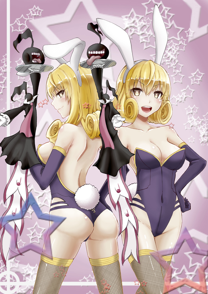 2girls absurdres aeolian_achtelnote animal_ears ass bare_back bare_shoulders blonde_hair breasts cleavage commentary_request cototiworld covered_navel curly_hair elbow_gloves fake_animal_ears fishnet_thighhighs fishnets gloves hand_on_own_hip headband highres ionian_achtelnote large_breasts medium_breasts multiple_girls musical_note open_mouth photoshop_(medium) playboy_bunny rabbit_ears rabbit_tail short_hair siblings sisters smile star_(symbol) starry_background symbol-shaped_pupils tail teeth thighhighs thighs tongue tray yellow_eyes yumekui_merry