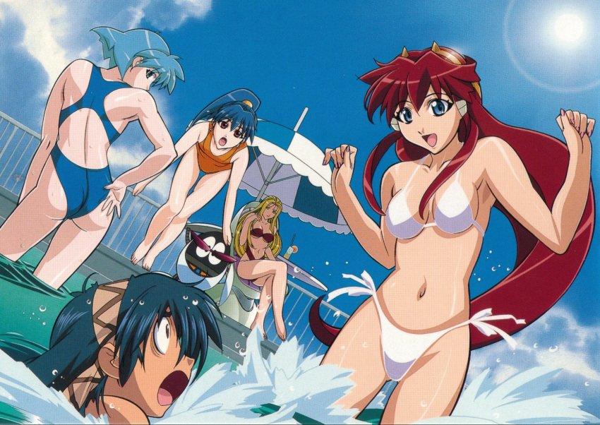 4girls :d :o adjusting_clothes adjusting_swimsuit ass bandeau barefoot bent_over bikini blonde_hair blue_eyes blue_hair breasts casual_one-piece_swimsuit chair cleavage cloud competition_swimsuit crossed_legs day dita_liebely drink drinking_straw dutch_angle earrings feet fence flat_chest green_eyes hair_ornament hairband hibiki_tokai highres jewelry jumping jura_basil_elden kuroda_kazuya legs long_hair looking_back medium_breasts meia_gisborn misty_cornwell multiple_girls navel necklace non-humanoid_robot one-piece_swimsuit open_mouth outdoors partially_submerged pool poolside pyoro red_eyes red_hair robot scan scan_artifacts short_hair side-tie_bikini_bottom sitting sky smile splashing standing sun surprised swimsuit table thigh_gap toes umbrella underboob vandread very_long_hair wading water wet white_bikini