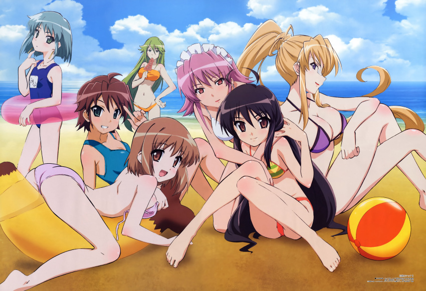 6+girls :d absurdres age_difference ahoge aizawa_sumie antenna_hair aqua_eyes arched_back arm_grab ass back ball banana_boat bandeau bare_back barefoot beach beachball bikini black_hair blonde_hair blue_eyes blue_hair blue_one-piece_swimsuit blush bob_cut breasts brown_eyes brown_hair cleavage clenched_hand cloud crossed_legs day earrings eating everyone feet finger_to_face finger_to_own_chin flat_chest floating_hair food frills from_side glasses green_eyes green_hair grin groin hair_between_eyes hair_bun hand_on_own_chin hand_on_own_hip head_tilt high_ponytail highres holding hug hug_from_behind huge_ahoge ikayaki index_finger_raised inflatable_raft innertube jewelry knees_together_feet_apart konoe_fumina large_breasts leaning legs light_smile lipstick long_hair long_legs looking_at_viewer looking_back lowleg lowleg_bikini lying maid maid_headdress makeup margery_daw mature_female megami_magazine multiple_girls name_tag ocean official_art ogata_matake on_ground on_stomach one-piece_swimsuit open_mouth orange_bikini outdoors pheles pince-nez pink_eyes ponytail purple_bikini purple_hair reclining red_lips scan school_swimsuit semi-rimless_eyewear shakugan_no_shana shana short_hair sideboob sidelocks single_hair_bun sitting sky small_breasts smile straddling string_bikini striped_bikini striped_clothes stroking_own_chin swim_ring swimsuit tan taut_bikini taut_clothes tomboy transparent under-rim_eyewear untied_bikini very_long_hair water wilhelmina_carmel yoshida_kazumi