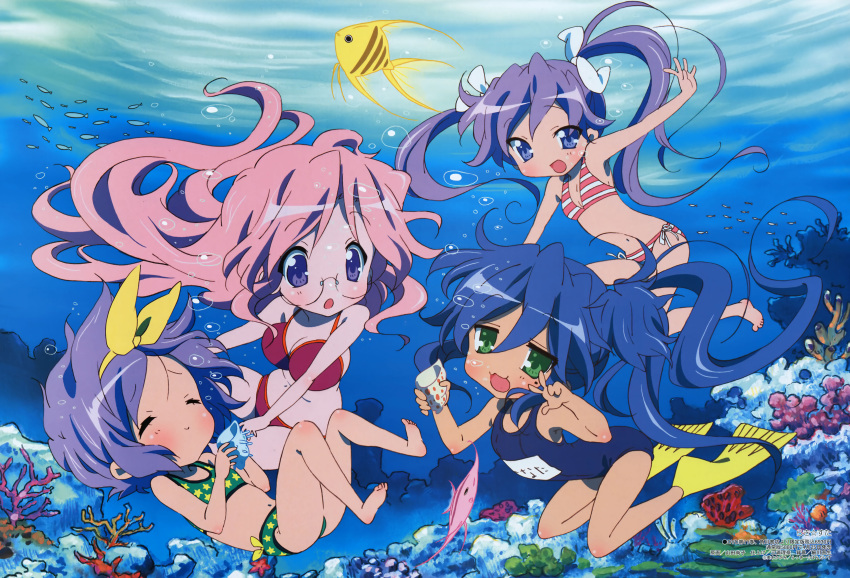 4girls absurdres air_bubble bikini bubble fish flippers glasses goldfish highres hiiragi_kagami hiiragi_tsukasa izumi_konata lucky_star megami_magazine mole mole_under_eye multiple_girls official_art one-piece_swimsuit photoshop_(medium) scan school_swimsuit side-tie_bikini_bottom star_(symbol) star_print striped_bikini striped_clothes swimsuit takara_miyuki underwater water yamada_naoko