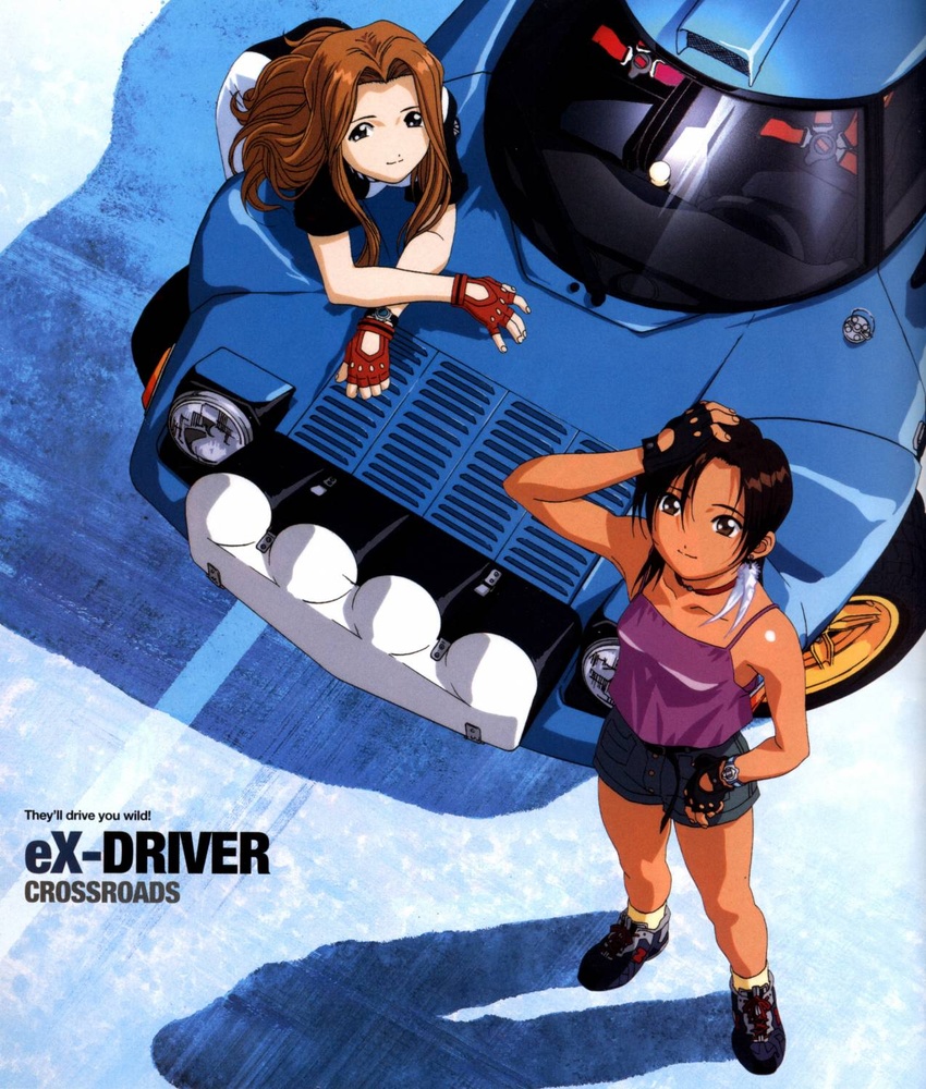 2girls artist_request bent_over brown_hair camisole car dark-skinned_female dark_skin denim denim_shorts earrings endou_lorna ex-driver fingerless_gloves gloves highres jewelry lancia_(brand) lancia_stratos looking_up motor_vehicle multiple_girls official_art sakakino_lisa scan shorts