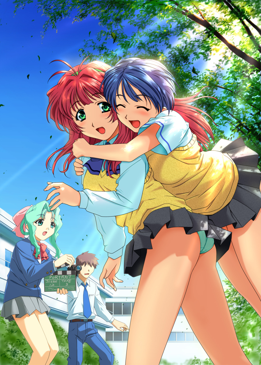 1boy 3girls artist_request blue_hair blush camcorder clapperboard green_(game) highres hirose_mariko hug mizuno_makoto_(green) multiple_girls panties pantyshot pink_hair pleated_skirt sakurai_akane school_uniform skirt underwear video_camera