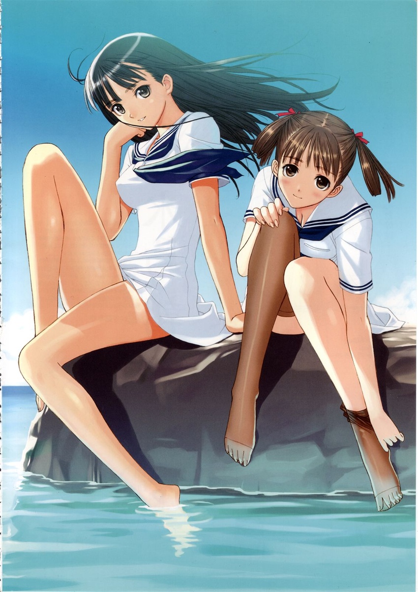 2girls barefoot dress feet highres knees legs long_legs mizushima_asa multiple_girls rock sailor_dress scan scan_artifacts school_uniform sitting sitting_on_rock soaking_feet sora_no_iro_mizu_no_iro sorayama_natsume source_request thighhighs thighhighs_pull thighs tony_taka water