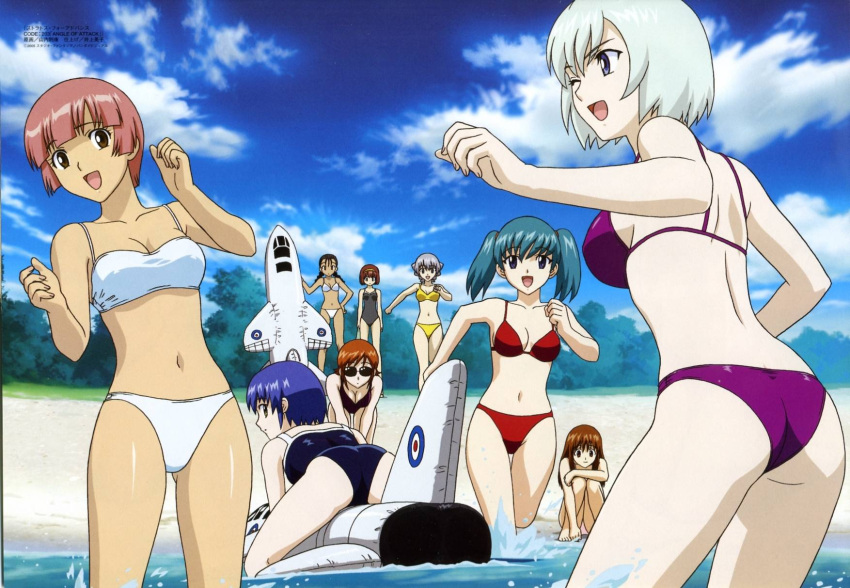 6+girls aoki_kiriko ass beach bent_over betty_boozeman bikini breasts chris_calman cleavage day doi_shizuha highres honjou_mikaze kikuhara_karin large_breasts medium_breasts megami_magazine multiple_girls nakamura_ayamo ninomiya_mana non-web_source official_art outdoors scan scan_artifacts sideboob small_breasts stratos_4 swimsuit tachibana_mirei thigh_gap tsr-2 wide_hips yamauchi_noriyasu