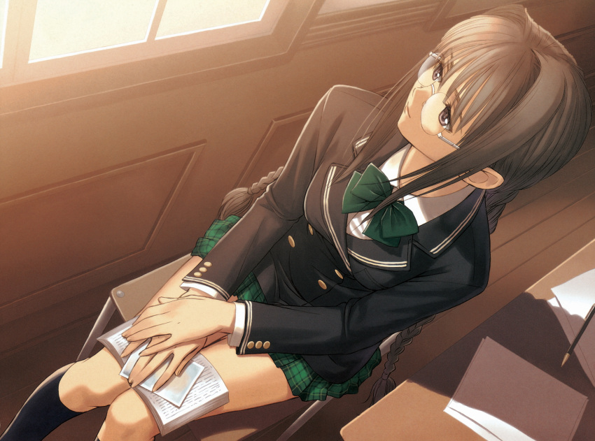 book brown_hair female glasses highres hiruda_reia long_hair purple_eyes school_uniform shining_(series) shining_wind sitting solo tony_taka