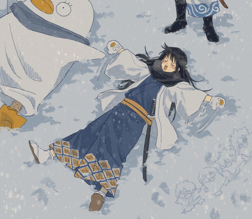 1other 2boys :d black_hair closed_eyes commentary da_ning_(llemonyyyy) elizabeth_(gintama) gintama gloves highres japanese_clothes katsura_kotarou long_hair male_focus multiple_boys sakata_gintoki scarf sheath sheathed smile snow snow_angel snowing solo_focus symbol-only_commentary