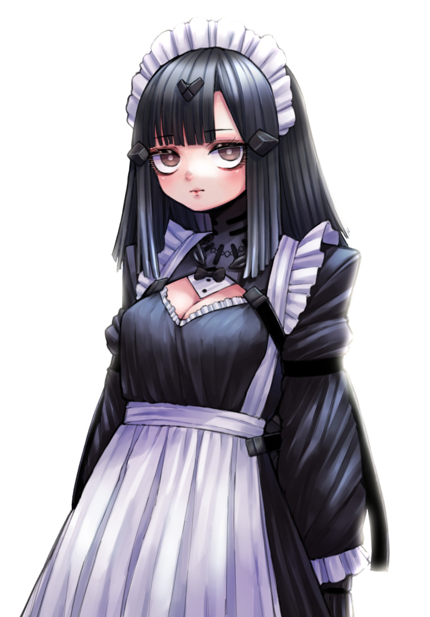 28_(282teeth) alternate_costume apron bad_id bad_pixiv_id black_dress black_hair breasts brown_eyes cleavage cleavage_cutout clothing_cutout commentary_request cowboy_shot dress enmaided expressionless female frilled_apron frills girls'_frontline headgear highres korean_commentary long_hair long_sleeves looking_at_viewer maid maid_headdress medium_breasts nyto_(generic)_(girls'_frontline) nyto_(girls'_frontline) paradeus sleeves_past_wrists solo straight_hair white_background