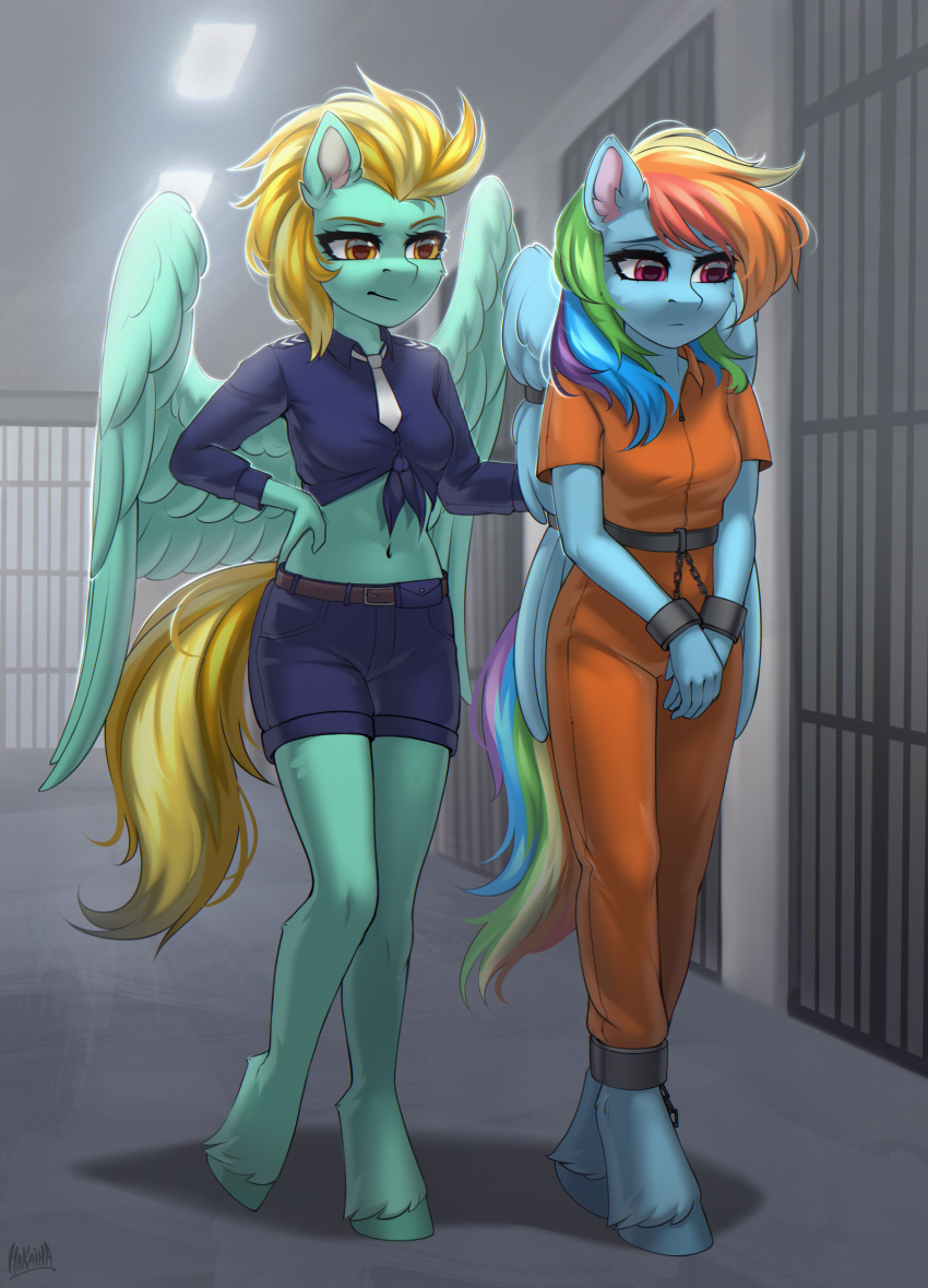 absurd_res anthro arms_tied blonde_hair bound clothing cuff_(restraint) equid equine female friendship_is_magic hair hakaina handcuffs hasbro hi_res jumpsuit lightning_dust_(mlp) mammal metal_cuffs multicolored_hair my_little_pony mythological_creature mythological_equine mythology navel pegasus police police_uniform prison prison_suit prison_uniform prisoner rainbow_dash_(mlp) rainbow_hair restraints shackles uniform wings wings_tied