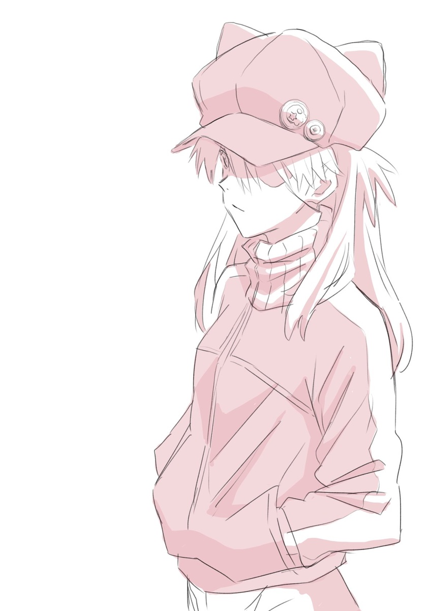 breasts closed_mouth evangelion:_3.0_you_can_(not)_redo eyepatch female hands_in_pockets hat highres hyakuen_raitaa jacket long_hair neon_genesis_evangelion rebuild_of_evangelion simple_background solo souryuu_asuka_langley track_jacket white_background