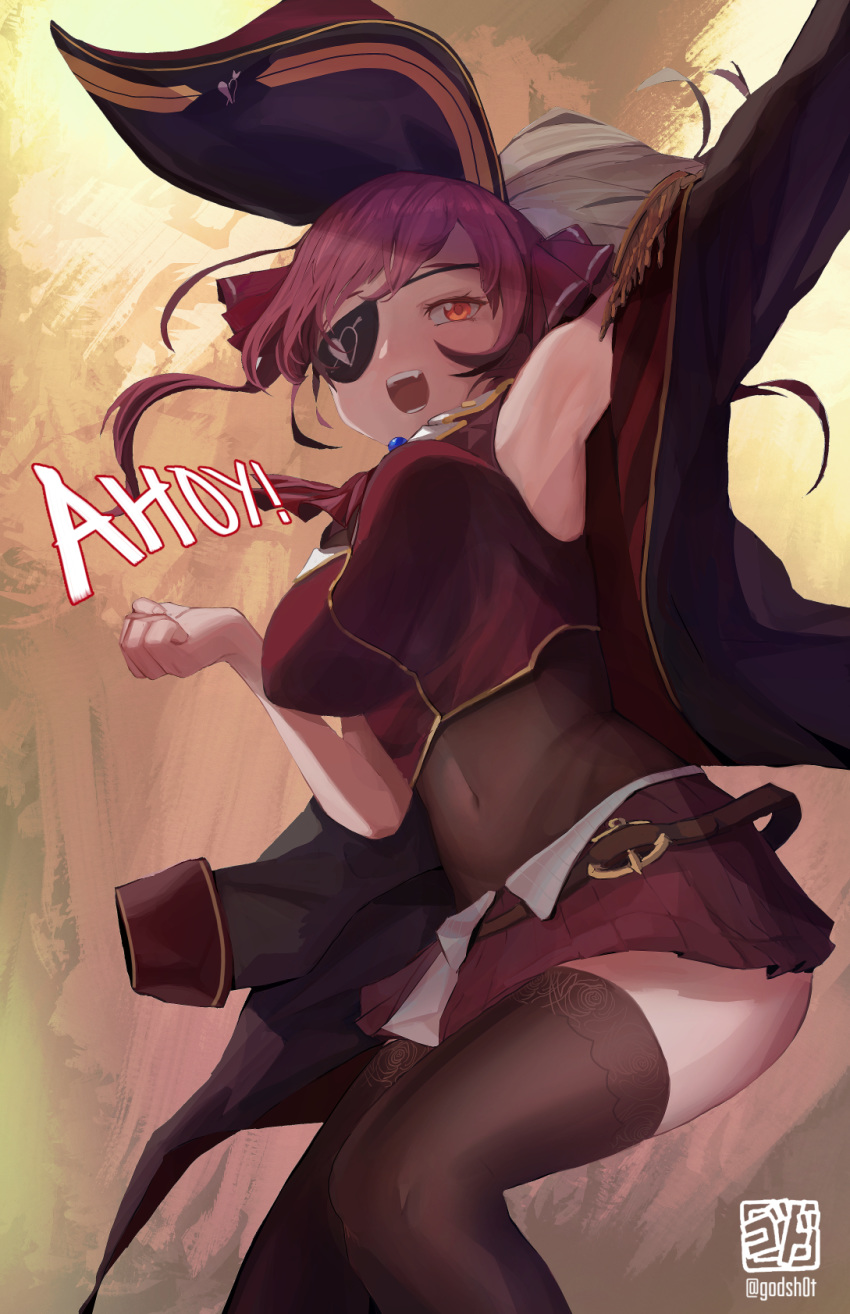 :d arm_up armpits artist_logo ascot backlighting black_coat black_hat black_thighhighs blush bouncing_breasts breasts catchphrase coat covered_navel eyepatch feet_out_of_frame female godsh0t hat highres hololive houshou_marine houshou_marine_(1st_costume) large_breasts leotard leotard_under_clothes long_hair long_sleeves looking_at_viewer miniskirt one_eye_covered open_clothes open_coat open_mouth pirate_hat pleated_skirt red_ascot red_eyes red_hair red_skirt red_vest see-through see-through_leotard skirt smile solo standing teeth thighhighs twintails twitter_username upper_teeth_only vest virtual_youtuber zettai_ryouiki