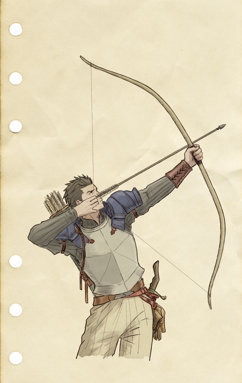 1boy armor arrow_(projectile) belt bow_(weapon) bracer breastplate brown_gloves brown_hair gloves highres holding holding_bow_(weapon) holding_weapon long_sleeves looking_to_the_side looking_up male_focus pants quiver solo standing tactics_ogre unworn_gloves vice_bozeg weapon windcaller