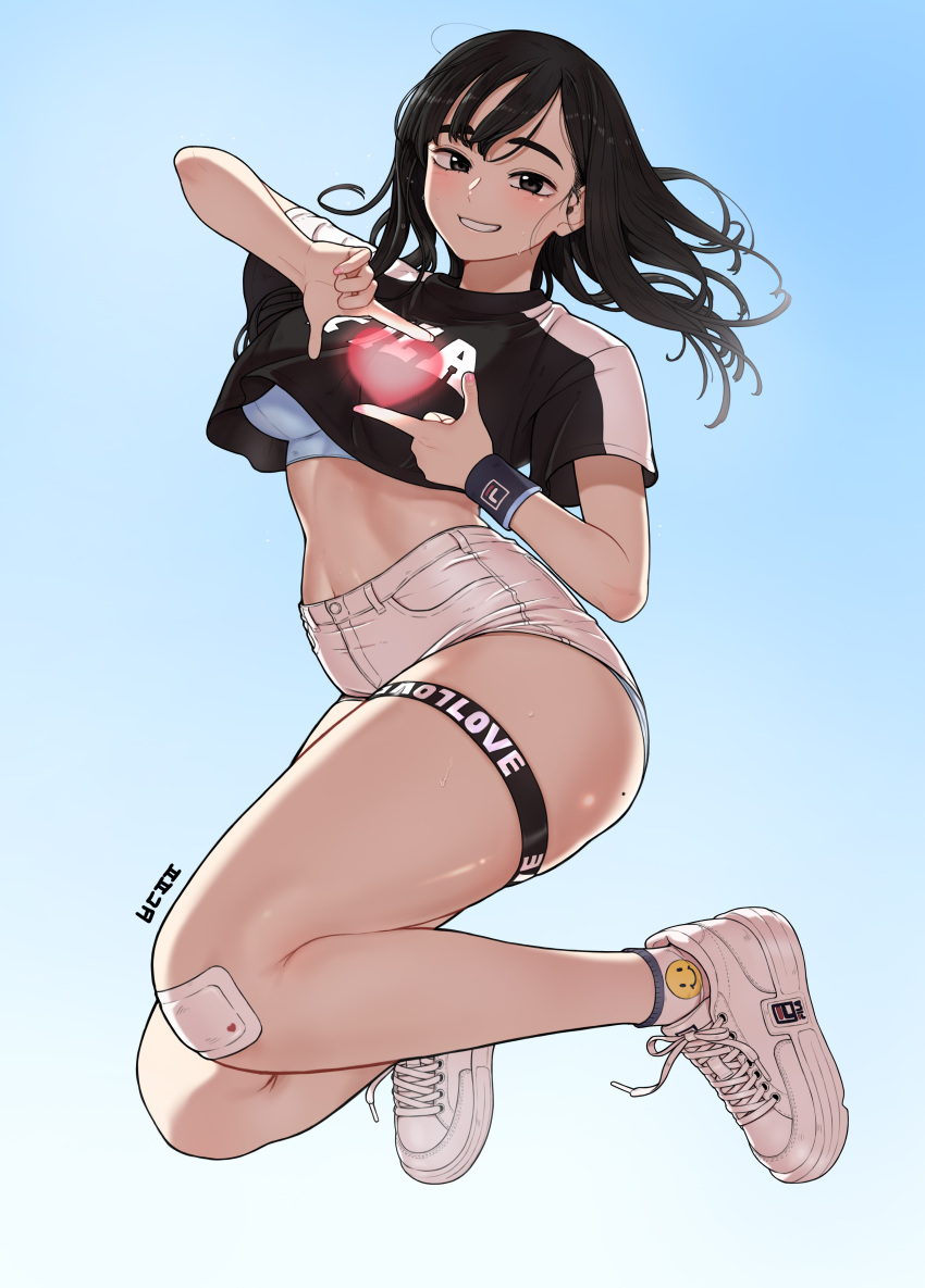 absurdres bandaid bandaid_on_knee bandaid_on_leg bdpp beautiful_gunbari black_eyes black_hair bra breasts crop_top female gradient_background heart highres kim_sei long_hair looking_at_viewer short_sleeves shorts smile smiley_face socks solo sweat thigh_strap thighs underwear white_footwear white_shorts white_socks wristband