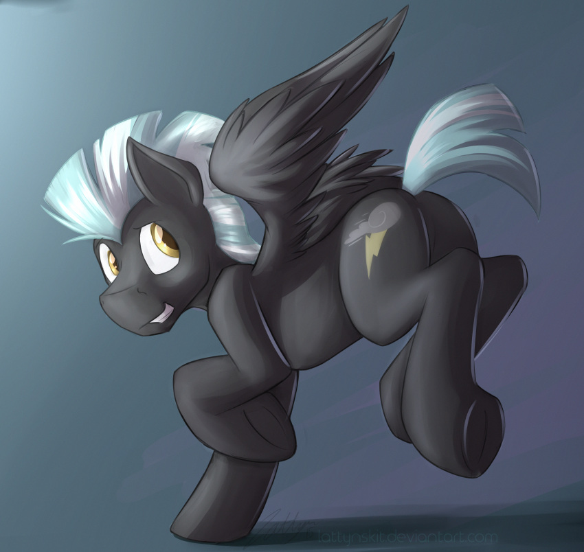 2015 absurd_res ass blue_hair blue_tail digital_drawing_(artwork) digital_media_(artwork) dripponi equid equine feathered_wings feathers feral friendship_is_magic fur grey_body grey_fur grin hair hasbro hi_res hooves horse looking_back male mammal mohawk my_little_pony mythological_creature mythological_equine mythology pegasus pony pose purple_hair quadruped raised_hoof smile solo tail thunderlane_(mlp) underhoof wings yellow_eyes