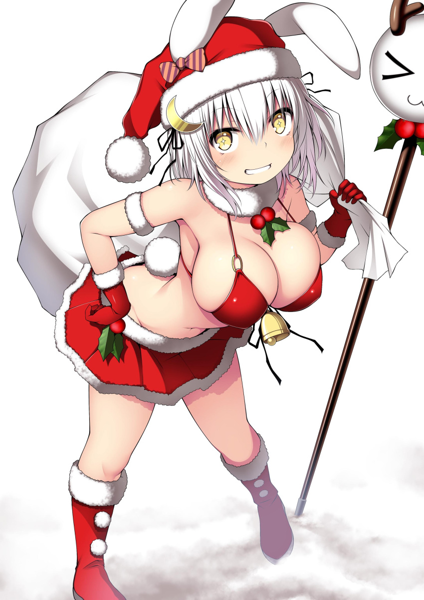 >_< absurdres animal_ears bikini bikini_top_only blush boots breasts christmas female flower_knight_girl fur_trim gloves hat highres holding holding_sack holly kuromayu large_breasts leaning_forward looking_at_viewer miniskirt pom_pom_(clothes) rabbit_ears rabbit_tail red_bikini red_footwear red_gloves red_skirt sack santa_costume santa_hat skirt snow solo standing swimsuit tail usagi_no_ou_(flower_knight_girl) white_hair yellow_eyes