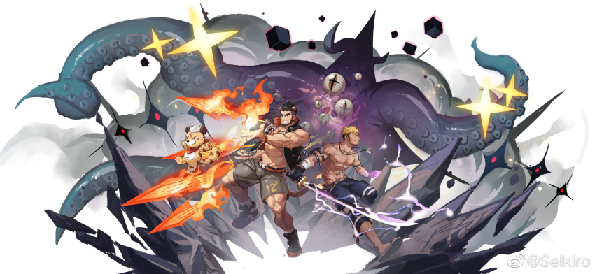 2boys abs alca_(wakatanka4) animal animal_ears bandaged_arm bandages bara battle beard black_hair blonde_hair bulge chest_hair commission creature dark-skinned_male dark_skin dog_tags facial_hair fighting_stance fire full_body grey_shorts grin gyee highres holding holding_sword holding_weapon jewelry lightning lion_boy lion_ears lion_tail long_sideburns male_focus mature_male multiple_boys muscular muscular_male navel navel_hair necklace nipples octopus original oversized_animal pectorals pyrokinesis red_eyes romg sandals selkiro short_hair shorts sideburns sleeveless sleeveless_jacket smile socks stomach sword tail thick_eyebrows thighs topless_male weapon