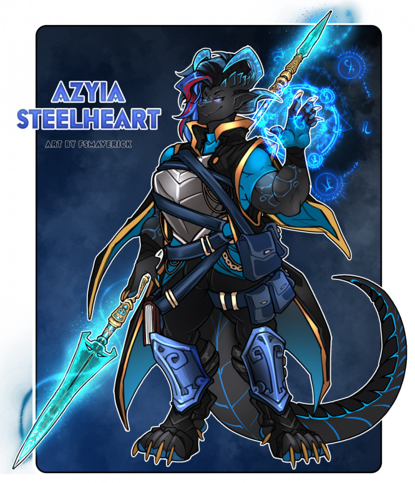 anthro armor aziya_steelheart black_body black_scales blue_clothing blue_eyes blue_horn blue_shirt blue_topwear clothing dragon female fsmaverick glowing hair hi_res horn jacket magic melee_weapon multicolored_hair mythological_creature mythological_scalie mythology paws polearm pouches raised_hand scales scalie shin_guards shirt smile solo spear tail topwear weapon