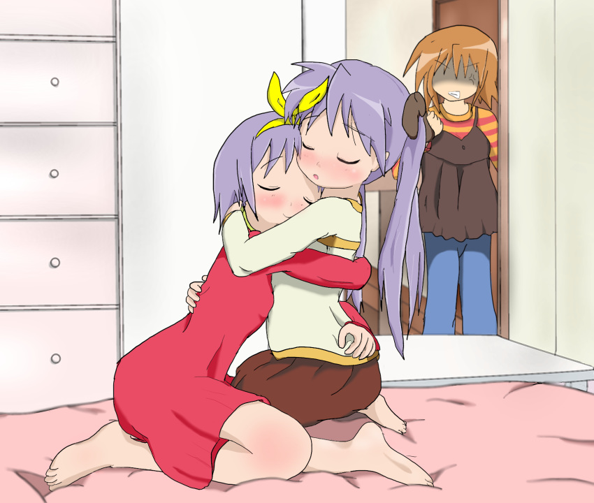 3girls barefoot bed blush brown_hair clenched_hand clenched_teeth closed_eyes commentary_request dress hair_ornament hair_ribbon highres hiiragi_kagami hiiragi_matsuri hiiragi_tsukasa hug incest indoors long_hair lucky_star multiple_girls no_eyes on_bed open_mouth otoshian purple_hair red_dress ribbon short_hair siblings sisters smile teeth twintails yuri