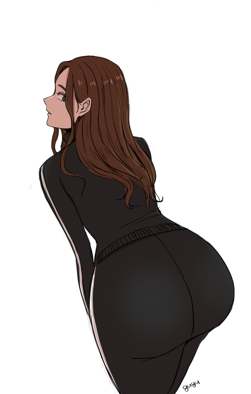 absurdres artist_name ass beautiful_gunbari black_pants black_shirt brown_eyes brown_hair cho_ye-ryeong female gugu_(pixiv63055428) highres leaning_forward long_hair long_sleeves looking_back pants shirt simple_background solo standing white_background