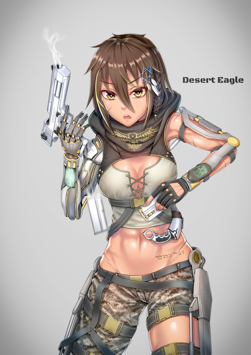 abs absurdres ammunition arms_up belt body_writing braid breasts brown_hair buckle bullet cartridge character_name commentary cybernetic cyberpunk dancing_wolf desert_eagle desert_eagle_(girls'_frontline) ejection english_commentary english_text exoskeleton female fingerless_gloves girls'_frontline gloves gun hair_ornament handgun hexagram hexagram_hair_ornament highres holding holding_gun holding_weapon hood karambit locked_slide looking_at_viewer magazine_(weapon) mechanical mechanical_parts multicolored_hair navel open_mouth original reloading scar scar_on_cheek scar_on_face science_fiction short_hair shorts simple_background small_breasts smoke smoking_barrel solo star_(symbol) star_hair_ornament star_of_david streaked_hair weapon yellow_eyes