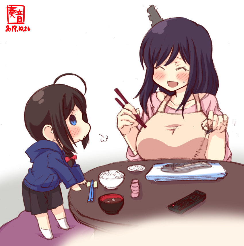 2girls aged_down ahoge apron artist_logo black_hair blue_eyes blue_hoodie blush bow bowl braid brown_hair chopstick_rest chopsticks closed_eyes collarbone commentary_request controller dated fish fish_bone food hair_ornament hair_over_shoulder hairbow highres holding holding_chopsticks hood hood_down hoodie kanon_(kurogane_knights) kantai_collection long_sleeves miso_soup multiple_girls open_mouth pink_shirt red_bow remote_control rice rice_bowl saury shigure_(kancolle) shirt short_hair signature single_braid smile socks soup white_legwear yamashiro_(kancolle)