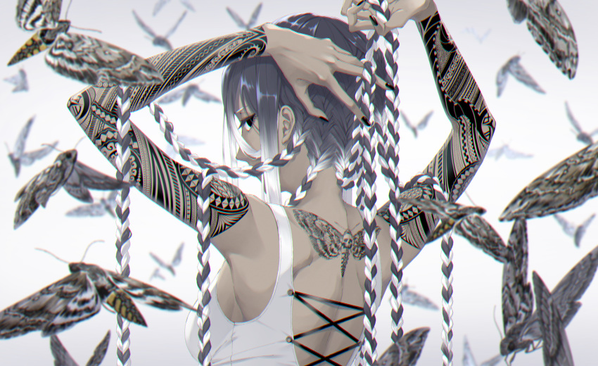 absurdres arm_tattoo bare_shoulders black_eyes braid bug collarbone death's_head_hawkmoth female grey_hair highres hisame_(gocbu) long_hair looking_at_viewer looking_back moth multicolored_hair original simple_background skull solo standing tattoo two-tone_hair white_hair