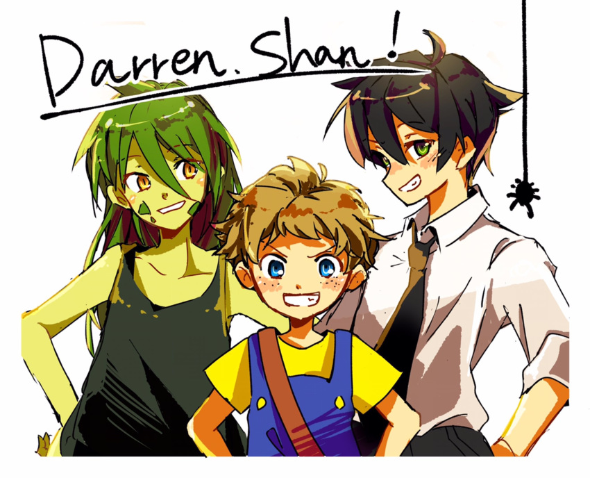 3boys black_hair blue_eyes brown_hair bug colored_skin commentary_request darren_shan eno_(enokanotan) evra_von freckles green_eyes green_hair green_skin highres long_hair monster_boy multiple_boys necktie sam_grest scales short_hair smile spider suspenders tank_top the_saga_of_darren_shan yellow_eyes