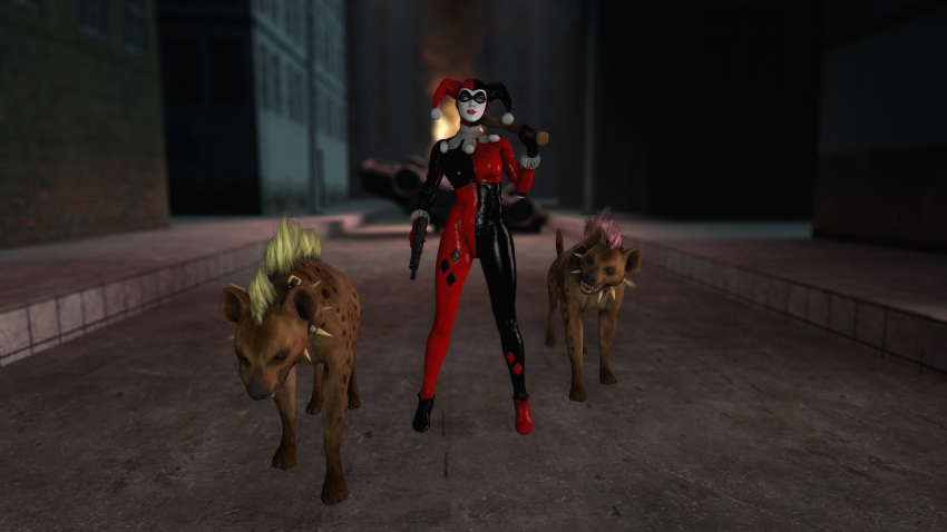 3d animal artorias_(artist) batman:_arkham_knight batman_(series) bud_the_hyena_(dc) dc harley_quinn harley_quinn_(arkham) harley_quinn_(arkham_knight) harley_quinn_(classic) hyena lou_the_hyena_(dc)