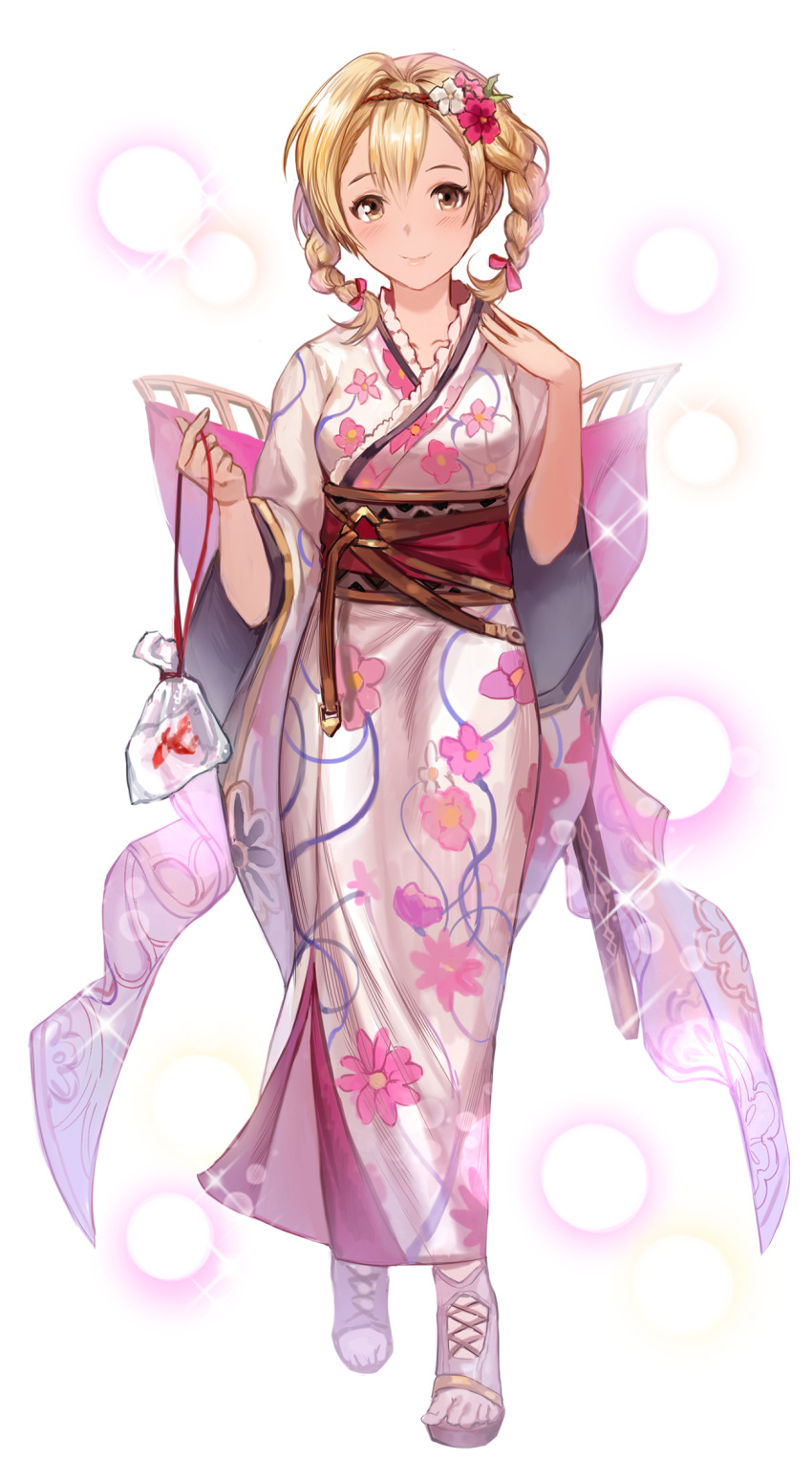 blonde_hair boba bow braid brown_eyes closed_mouth commentary_request djeeta_(granblue_fantasy) female floral_print flower frilled_kimono frills full_body granblue_fantasy hair_flower hair_ornament hairbow highres japanese_clothes kimono looking_at_viewer medium_hair print_kimono red_bow red_flower simple_background smile solo standing twin_braids white_background white_flower white_kimono yukata