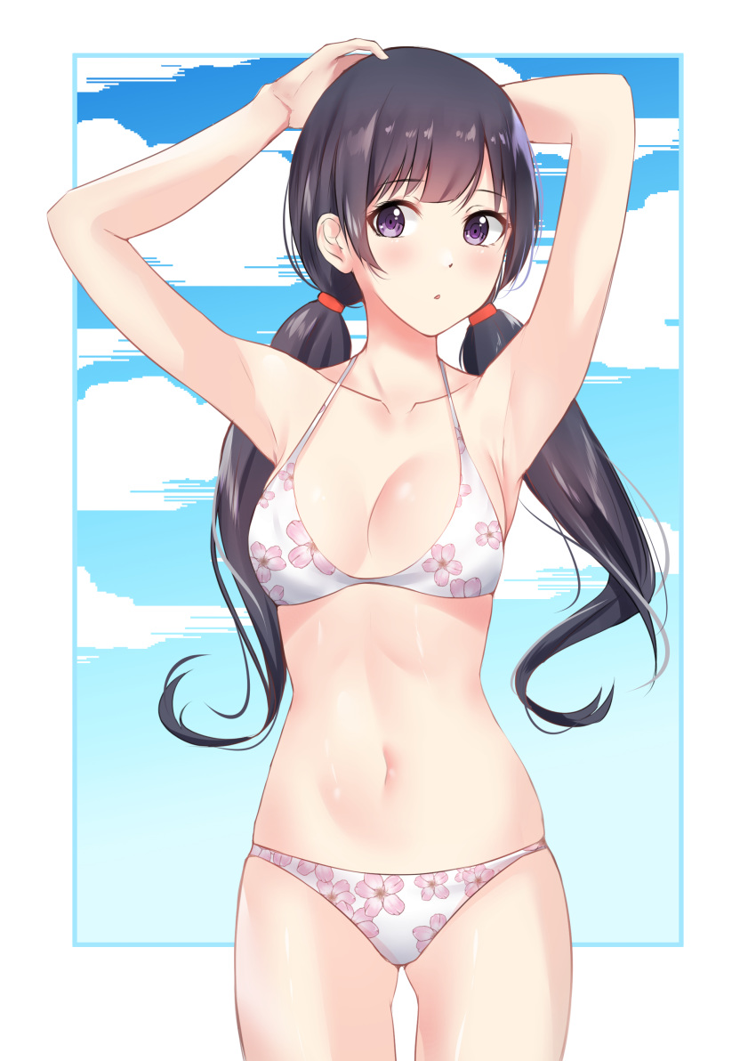 absurdres bikini black_hair blue_eyes blush breasts cherry_blossom_print cleavage collarbone commentary_request cowboy_shot female floating_hair floral_print hair_ornament hands_on_own_head highres long_hair looking_at_viewer navel okamired original print_bikini shiny_skin small_breasts solo standing swimsuit thigh_gap very_long_hair white_background white_bikini