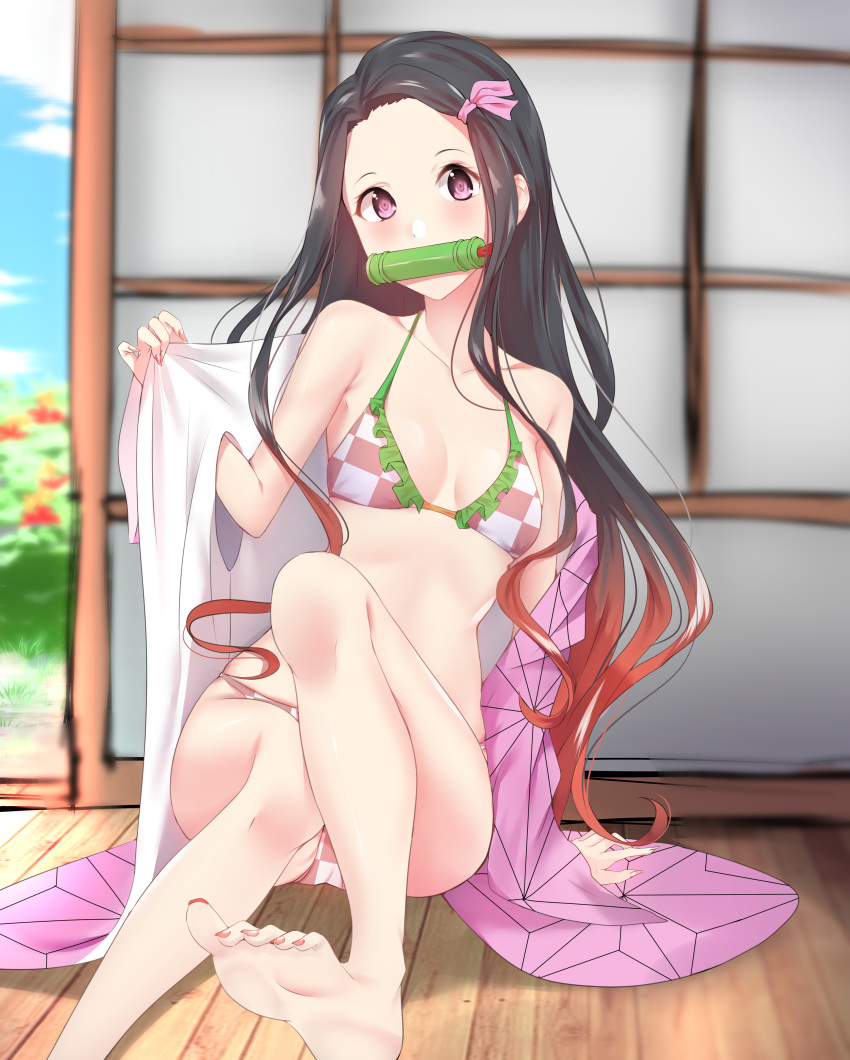 absurdres arm_support barefoot bikini bit_gag black_hair blush breasts checkered_bikini checkered_clothes cleavage collarbone commentary_request female fingernails foot_out_of_frame frilled_bikini frills gag gradient_hair hair_ribbon highres kamado_nezuko kimetsu_no_yaiba long_hair looking_at_viewer multicolored_hair nail_polish okamired pink_bikini pink_eyes pink_ribbon red_hair red_nails ribbon sharp_fingernails sitting small_breasts soles solo swimsuit toenail_polish toenails very_long_hair