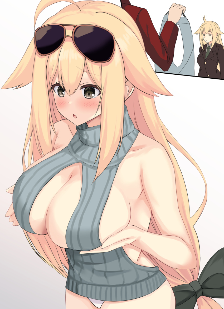 1other ahoge backless_dress backless_outfit bare_shoulders blonde_hair breasts brown_eyes brown_jacket cleavage collarbone commander_(girls'_frontline) commentary_request dress eyewear_on_head female girls'_frontline grabbing_own_breast grey_sweater griffin_&_kryuger_military_uniform hair_flaps highres jacket korean_commentary large_breasts m1918_(girls'_frontline) meme_attire naked_sweater no_bra open-chest_sweater panties parted_lips red_jacket revealing_clothes scourer_14 simple_background sunglasses sweater sweater_dress tied_hair turtleneck turtleneck_sweater underwear virgin_killer_sweater white_background white_panties