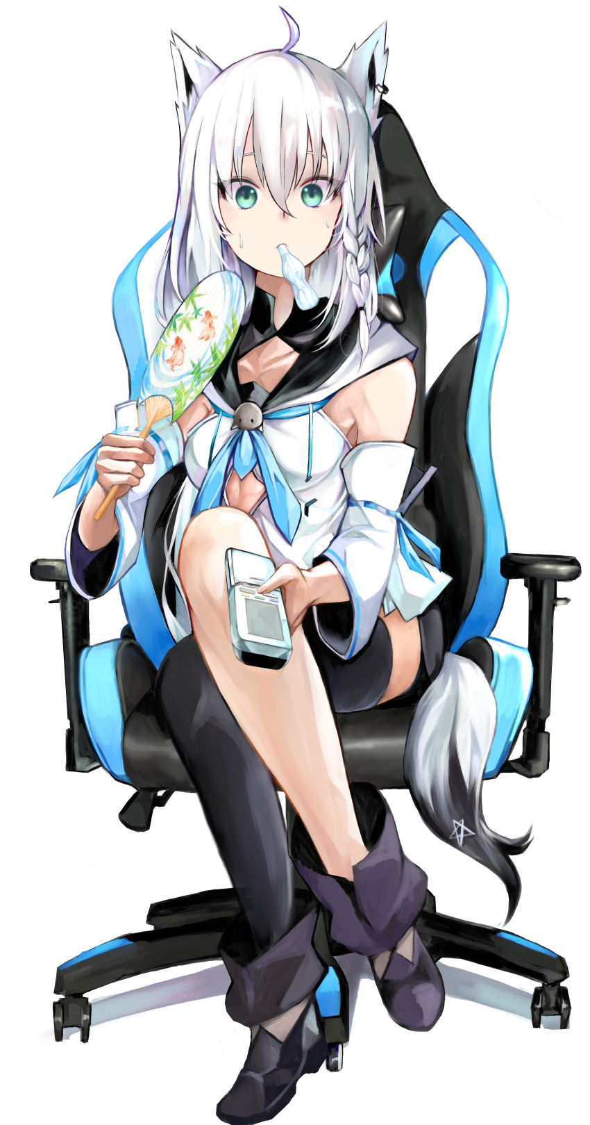 absurdres ahoge animal_ears bare_shoulders blue_neckerchief boots braid chair commentary_request controller crossed_legs detached_sleeves drinking female fox_ears fox_girl fox_tail gaming_chair green_eyes hair_between_eyes hand_fan highres holding holding_remote_control hololive long_hair looking_at_viewer naguraya_naikai neckerchief paper_fan remote_control shirakami_fubuki shirakami_fubuki_(1st_costume) shirt sidelocks simple_background single_braid single_thighhigh sitting solo sweat swivel_chair tail thighhighs virtual_youtuber white_background white_hair white_shirt white_sleeves