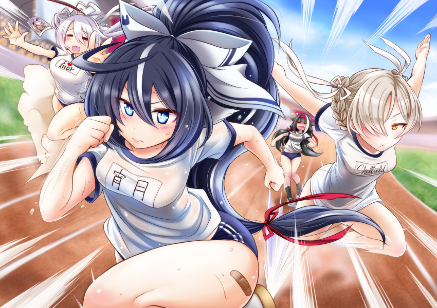 +_+ 4girls :< =_= ahoge azur_lane black_hair blue_buruma blue_eyes blue_hair braid buruma closed_eyes closed_mouth commentary_request deutschland_(azur_lane) french_braid gym_shirt gym_uniform hair_between_eyes hair_ribbon heart heart_ahoge highres indianapolis_(azur_lane) kobayashi_tetsuya long_hair motion_lines multicolored_hair multiple_girls open_mouth photo_(object) platinum_blonde_hair ponytail portland_(azur_lane) race_bib ribbon running sheffield_(azur_lane) shirt short_hair sidelocks streaked_hair sweat symbol-shaped_pupils track_and_field very_long_hair wet wet_clothes white_hair yellow_eyes yoizuki_(azur_lane) yoizuki_(sports_festival_preparations)_(azur_lane)