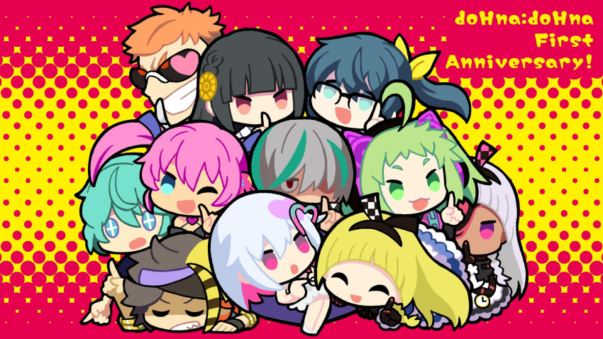 +_+ 4boys 6+girls :3 :o alyce_(dohna_dohna) animal_ear_headphones animal_ears anniversary antenna_(dohna_dohna) aqua_eyes aqua_hair bad_id bad_twitter_id black_hair blonde_hair cat_ear_headphones chibi closed_eyes colored_inner_hair commentary_request dark-skinned_female dark_skin dohna_dohna_issho_ni_warui_koto_o_shiyou dress everyone fake_animal_ears full_body glasses green_eyes green_hair grin hair_ornament headphones heart heart_hair_ornament highres index_finger_raised joker_(dohna_dohna) kirakira_(dohna_dohna) kuma_(dohna_dohna) long_hair medico_(dohna_dohna) mibu_kikuchiyo multicolored_hair multiple_boys multiple_girls one_eye_closed open_mouth orange_hair pink_eyes pink_hair ponytail porno_(dohna_dohna) pureparara red_eyes shaded_face short_eyebrows short_hair smile sunglasses torataro_(dohna_dohna) twintails two-tone_background two-tone_hair white_dress white_hair yammy_(dohna_dohna) zappa_(dohna_dohna)