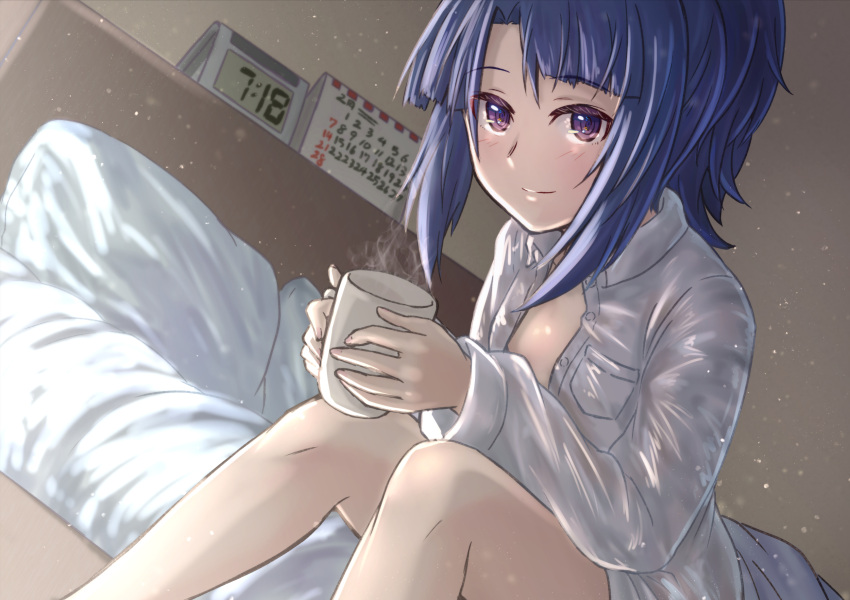 alice_gear_aegis bare_legs bed blue_hair blunt_bangs closed_mouth collared_shirt cup dress_shirt dutch_angle female hair_intakes highres holding holding_cup leaning_forward long_hair long_sleeves naked_shirt open_clothes open_shirt origami_yakko ponytail purple_eyes shirt sidelocks sitting smile solo steam takanashi_rei white_shirt wing_collar