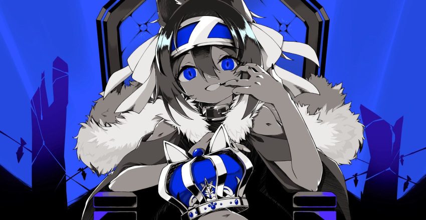 atsu_toushirou_(tenka_hyakken) bare_shoulders blue_background blue_eyes blue_theme cape capelet clothing_cutout crown english_commentary english_text female fingernails fur-trimmed_cape fur_trim greyscale_with_colored_background hair_between_eyes hair_ribbon hairband highres jewelry long_fingernails looking_at_viewer mikanbako320 oerba_yun_fang open_mouth out_of_frame ribbon short_hair shoulder_cutout shoulder_rest sidelocks solo tenka_hyakken throne