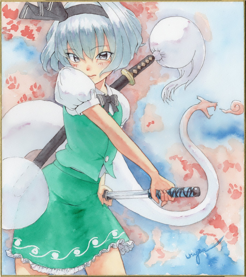 black_bow black_bowtie black_hairband blush bob_cut bow bowtie collared_shirt cowboy_shot female green_skirt green_vest grey_eyes hairband highres hitodama holding holding_sword holding_weapon katana konpaku_youmu konpaku_youmu_(ghost) looking_at_viewer painting_(medium) puffy_short_sleeves puffy_sleeves sheath sheathed shikishi shirt short_hair short_sleeves skirt solo sword touhou traditional_media unsheathing uryan! vest watercolor_(medium) weapon white_hair white_shirt