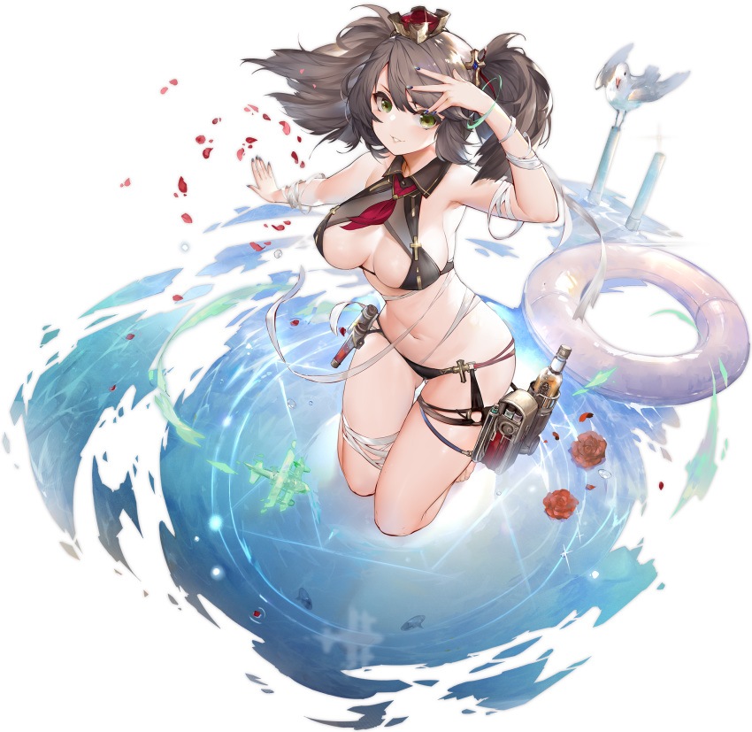 aircraft arm_up armpits ass_visible_through_thighs azur_lane bandaged_arm bandaged_leg bandages barefoot bikini bird black_bikini black_nails blush bottle breasts brown_hair center_opening collared_bikini cross_hair_ornament crown female full_body green_eyes hair_ornament hand_up highres innertube kerchief large_breasts long_hair looking_at_viewer mini_crown mkiiiiii multi-strapped_bikini navel neckerchief o-ring o-ring_bikini official_alternate_costume official_art outstretched_arm petals pouch seagull sidelocks skindentation solo stomach swept_bangs swim_ring swimsuit thigh_gap thigh_strap thighs transparent_background twintails wing_collar york_(azur_lane) york_(summoner_from_the_azure_depths)_(azur_lane)