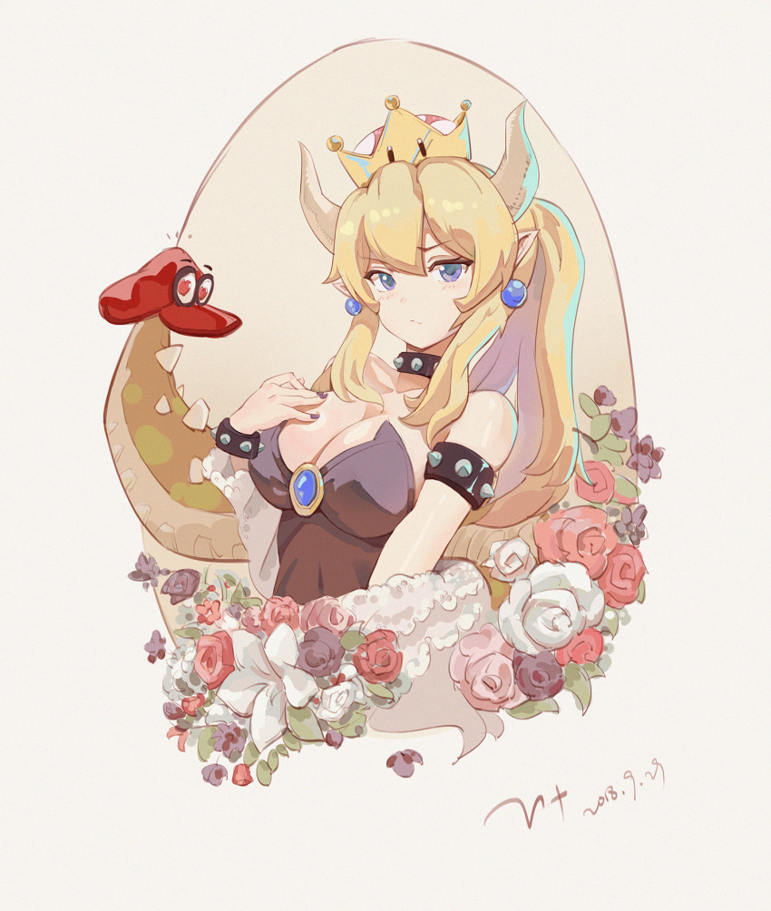 armlet bare_shoulders blackcat_enjia blonde_hair blue_eyes bowsette breasts cleavage collar commentary_request crown earrings female flower hat highres horns jewelry long_hair looking_at_viewer mario_(series) medium_breasts new_super_mario_bros._u_deluxe partial_commentary photoshop_(medium) pointy_ears sidelocks spiked_armlet spiked_collar spikes super_crown super_mario_odyssey tail upper_body